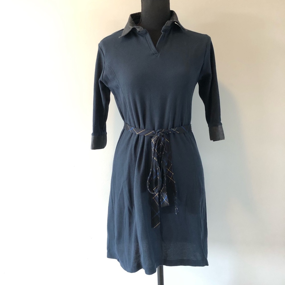 Women’s Navy Blue 3/4 Sleeve Polo Dress with Plaid Tie Belt size S